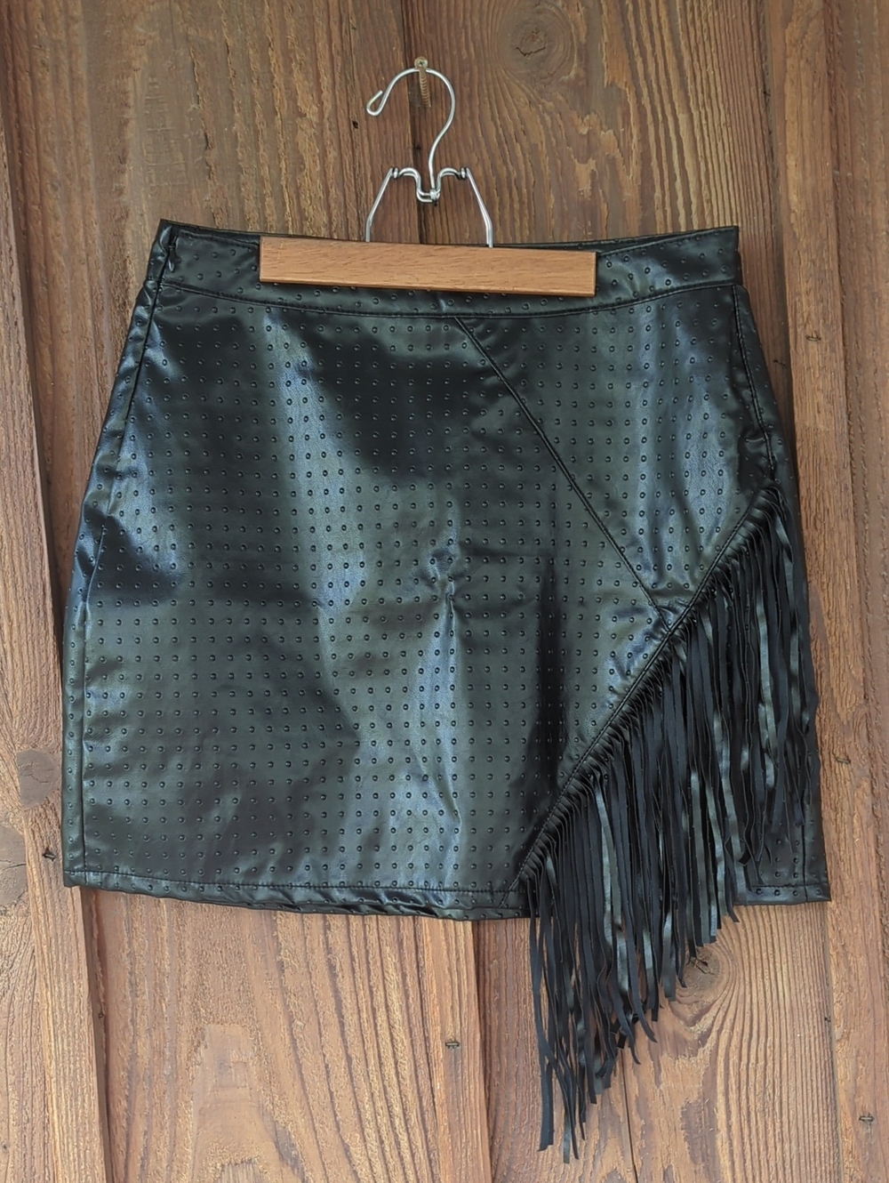 Black Faux Leather Fringe Mini Skirt by